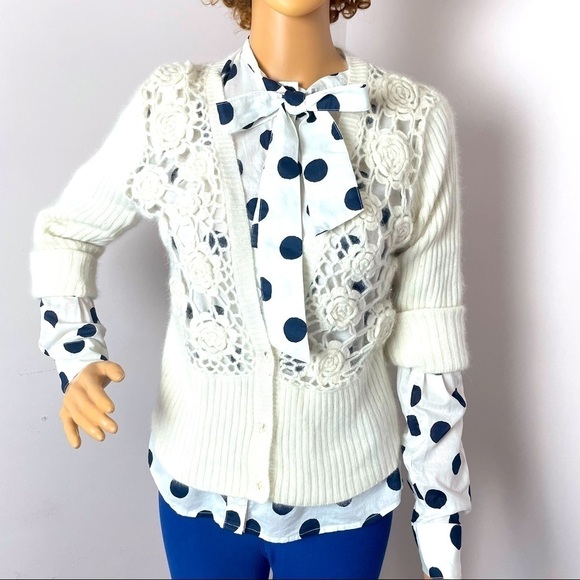 Linea Domani Angora-Wool Lace Cardigan Deep V-Neck Cream Size Medium - Picture 1 of 11